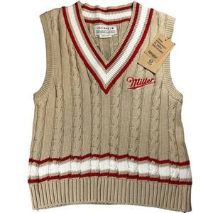 NWT Miller Brewing Cable Knit Sweater Vest Tan Red Striped Men Size XXL